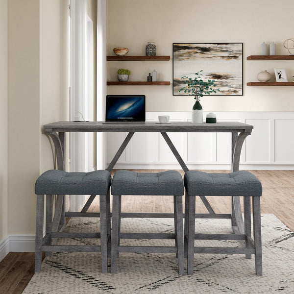 English Elm Bar Table Set with Stools Built-in Charging Outlet Industrial Loft Dining W1781P145876