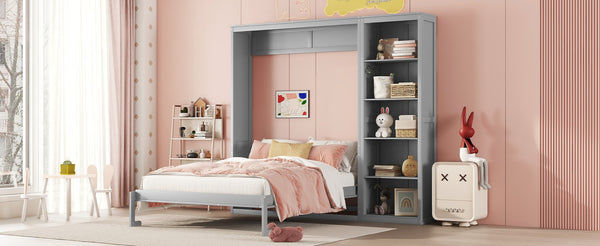 English Elm Full Size Murphy Wall Bed with Integrated Shelving Unit for Studio or Guest Room Gray LP000696AAE-1