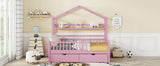 English Elm Wooden Full Size House Bed With 2 Drawers,Kids Bed With Storage Shelf, Pink