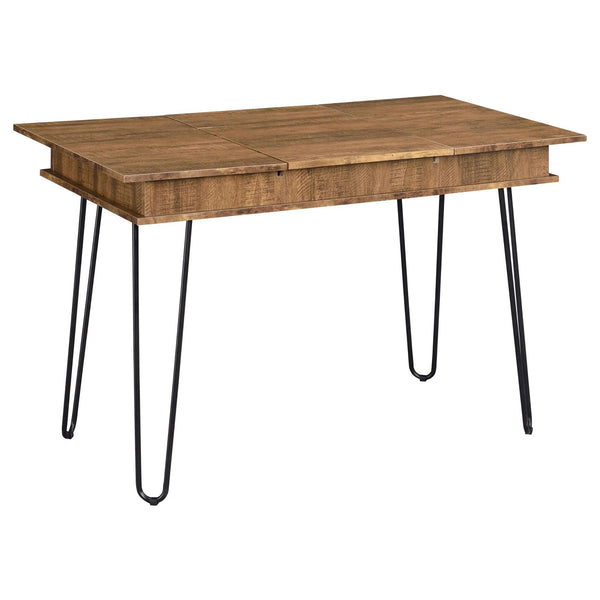 English Elm Rustic Amber Writing Desk with Hairpin Legs, Built-In Outlet, 4 Hidden Storages for Retro Charm and Functionality B062P153670