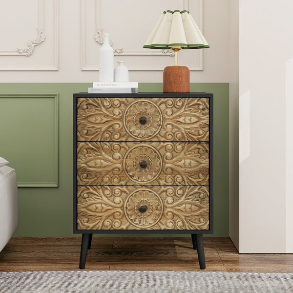 English Elm 3 Drawer Solid Wood Cabinet Hand Carved Relief Fronts Pine Feet Bedroom Storage W688138033