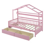 English Elm Wooden Twin Size House Bed With 2 Drawers,Kids Bed With Storage Shelf, Pink