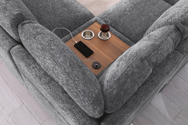 English Elm Celine Chenille Sectional Sofa with Chaise Cupholders and Built-in Charging Ports Light Gray B061S00806
