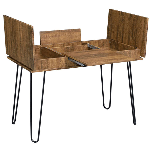 English Elm Rustic Amber Writing Desk with Hairpin Legs, Built-In Outlet, 4 Hidden Storages for Retro Charm and Functionality B062P153670