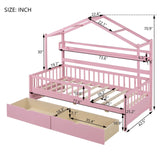 English Elm Wooden Twin Size House Bed With 2 Drawers,Kids Bed With Storage Shelf, Pink