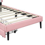 English Elm Twin Size Upholstered Princess Bed With Crown Headboard and 2 Drawers,Twin Size Platform Bed With Headboard and Footboard,White+Pink