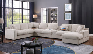 English Elm Celine Chenille Sectional Sofa with Chaise Cupholders and Built-in Charging Ports Beige B061S00807