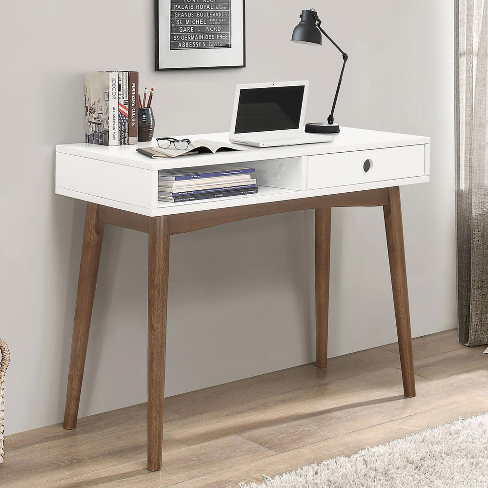 English Elm White White and Walnut 1-Drawer Writing Desk with Mid-Century Tapered Legs, Euro Glide Drawer, Retro Chic Finish B062P153672