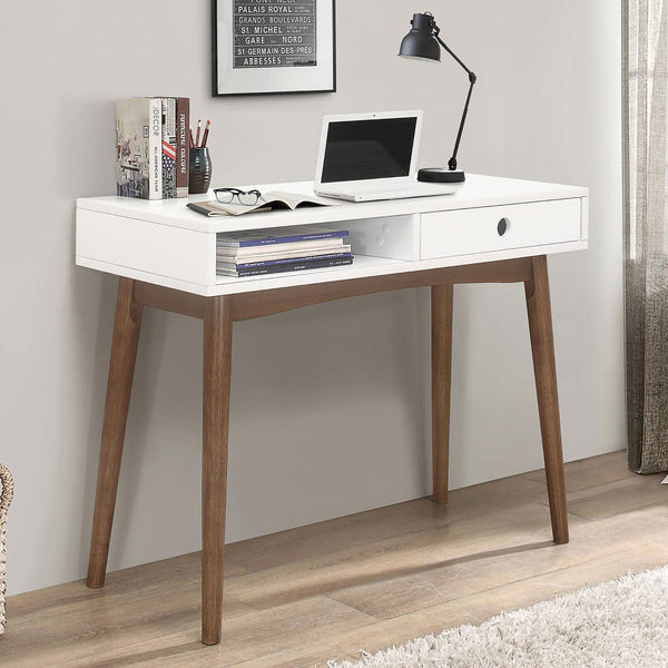 English Elm White White and Walnut 1-Drawer Writing Desk with Mid-Century Tapered Legs, Euro Glide Drawer, Retro Chic Finish B062P153672