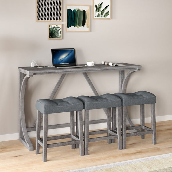 English Elm Bar Table Set with Stools Built-in Charging Outlet Industrial Loft Dining W1781P145876