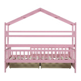 English Elm Wooden Twin Size House Bed With 2 Drawers,Kids Bed With Storage Shelf, Pink