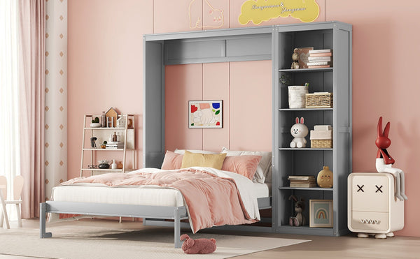 English Elm Full Size Murphy Wall Bed with Integrated Shelving Unit for Studio or Guest Room Gray LP000696AAE-2