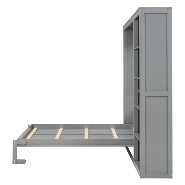 English Elm Full Size Murphy Wall Bed with Integrated Shelving Unit for Studio or Guest Room Gray LP000696AAE-2