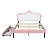 English Elm Full Size Princess Bed With Crown Headboard and 2 Drawers, Full Size Platform Bed With Headboard and Footboard,White+Pink