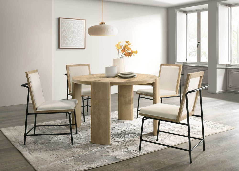 English Elm Bowen Round Oak Veneer Dining Set Seats Four with Cream Upholstered Chairs B061S00797