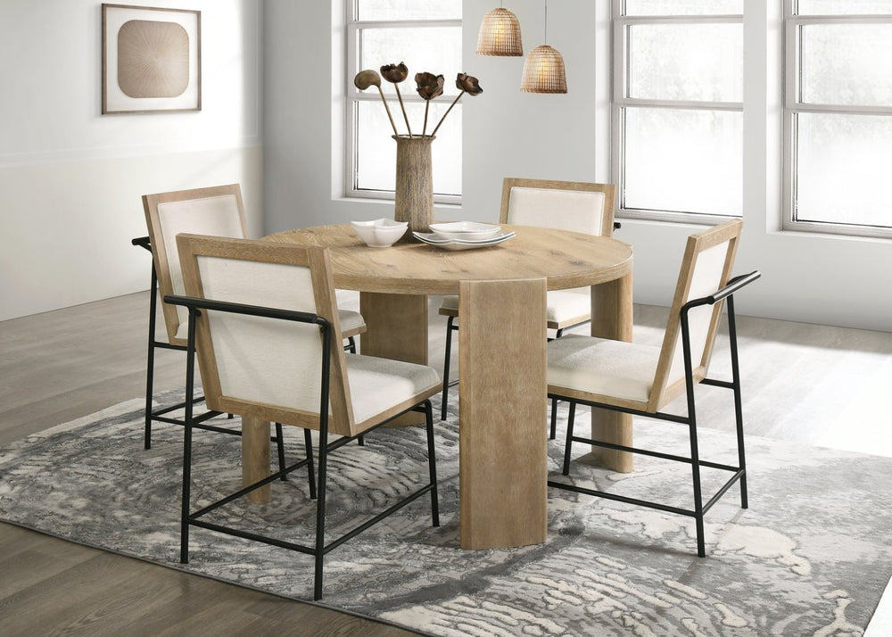 English Elm Bowen Round Oak Veneer Dining Set Seats Four with Cream Upholstered Chairs B061S00797