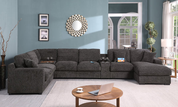 English Elm Celine Chenille Sectional Sofa with Chaise Cupholders and Built-in Charging Ports Gray B061S00805