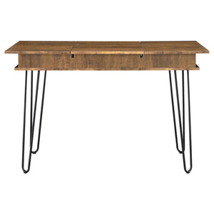 English Elm Rustic Amber Writing Desk with Hairpin Legs, Built-In Outlet, 4 Hidden Storages for Retro Charm and Functionality B062P153670