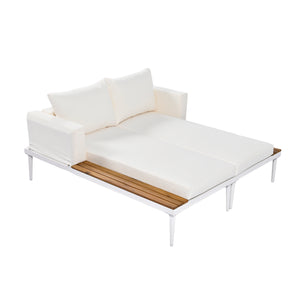 English Elm TOPMAX Modern Outdoor Daybed 2-in-1 Convertible Patio Chaise with Acacia Wood Side Tables, Washable Cushions, Sturdy Iron Frame Beige SP100013AAA