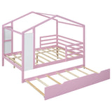 Hearth and Haven Thomas Full Size House-Shaped Bed with Fence, Writing Board and Trundle, Pink LP000755AAH