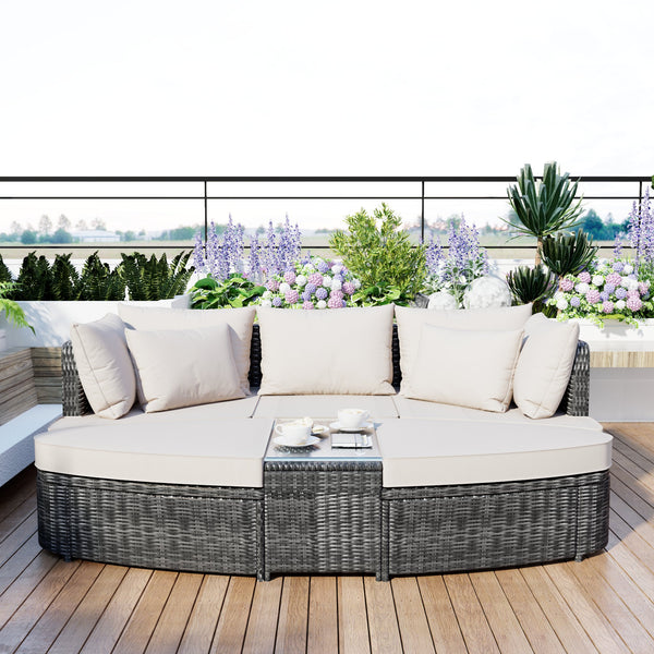 English Elm TOPMAX 6-Piece Patio Conversation Sofa Set with Modular Seating, Thick Cushions & Tempered Glass Table Beige SP100020AAA