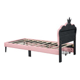 English Elm Twin Size Upholstered Princess Bed With Crown Headboard and 2 Drawers,Twin Size Platform Bed With Headboard and Footboard,White+Pink