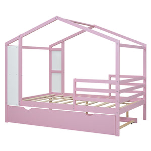 Hearth and Haven Thomas Full Size House-Shaped Bed with Fence, Writing Board and Trundle, Pink LP000755AAH