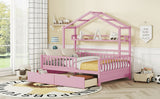 English Elm Wooden Full Size House Bed With 2 Drawers,Kids Bed With Storage Shelf, Pink