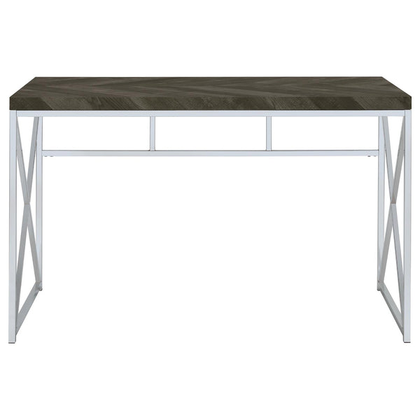 English Elm Rustic Modern Grey Herringbone Writing Desk with Chrome Accents — Durable Metal Frame, Sleek Office Style B062P153674