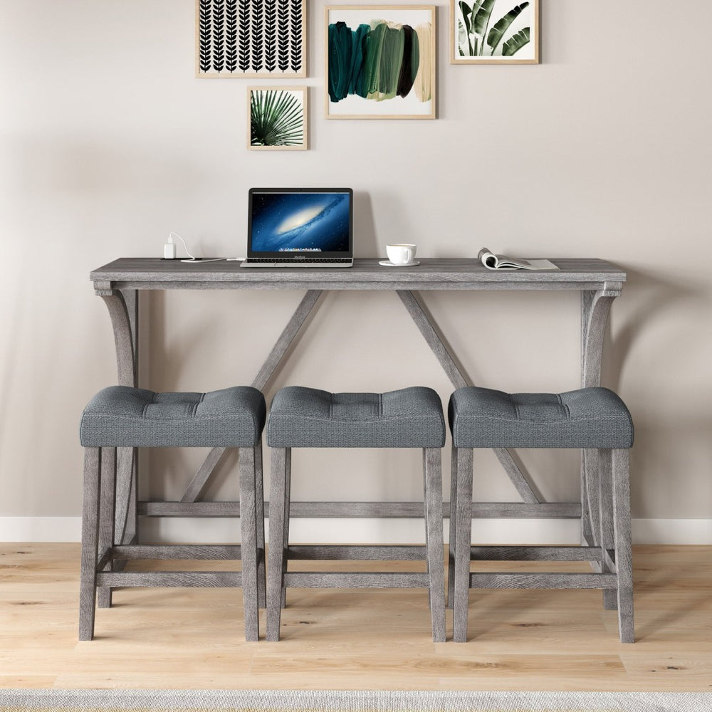 English Elm Bar Table Set with Stools Built-in Charging Outlet Industrial Loft Dining W1781P145876