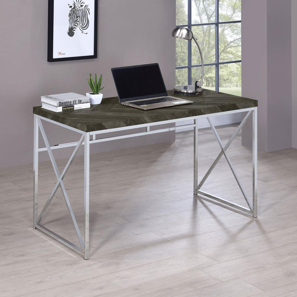 English Elm Rustic Modern Grey Herringbone Writing Desk with Chrome Accents — Durable Metal Frame, Sleek Office Style B062P153674