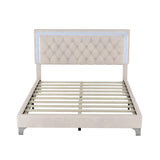 English Elm Queen Size Upholstered Bed Frame With Led Lights,Modern Velvet Platform Bed With Tufted Headboard,Beige