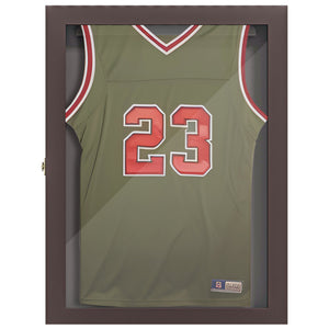 English Elm 28" Sports Jersey Display Case Frame with UV Acrylic, Lockable Latch, Brass Hooks & Hanger - Brown W2225P155203