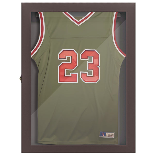 English Elm 28" Sports Jersey Display Case Frame with UV Acrylic, Lockable Latch, Brass Hooks & Hanger - Brown W2225P155203