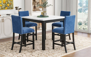 English Elm 5-piece Counter Height Dining Set Faux Marble Table Velvet Chairs Silver Nail Trim Blue W504S00268