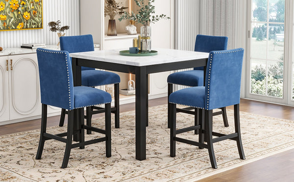 English Elm 5-piece Counter Height Dining Set Faux Marble Table Velvet Chairs Silver Nail Trim Blue W504S00268