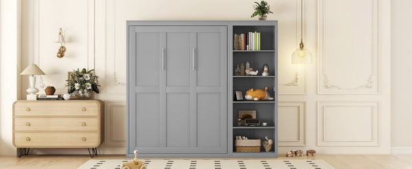 English Elm Queen Murphy Wall Bed with Side Shelving Folds Flush Into Mdf Cabinet for Studio Rooms LP000697AAE-1