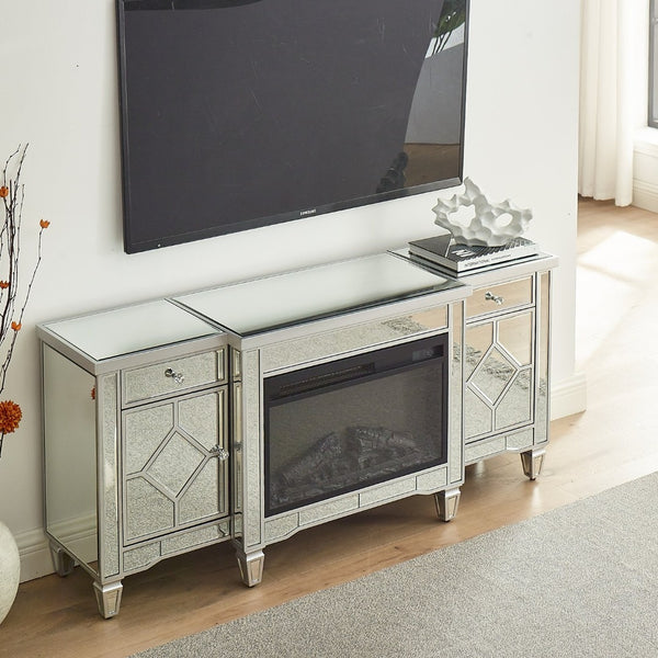 English Elm W 57 Inch Glossy Silver Electric Fireplace Tv Console with Mirrored Surround and Led Flame W1005S00006