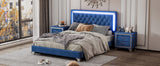 English Elm 3-Pieces Bedroom Sets,Queen Size Upholstered Platform Bed With Led Lights and Two Nightstands-Blue