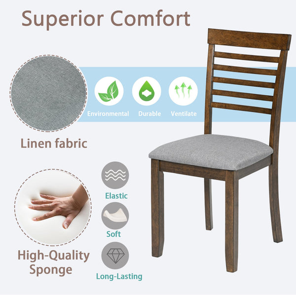 English Elm Wooden Solid Wood Dining Chairs Set of 4 with Ergonomic Ladder Back, Foam Linen Seats, Non-Slip Pads Walnut W1998126410