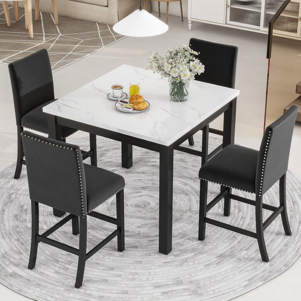 English Elm 5-piece Counter Height Dining Set Faux Marble Table Velvet Chairs Silver Nail Trim Black W504S00267