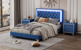 English Elm Full Size Upholstered Bed Frame With Led Lights,Modern Velvet Platform Bed With Tufted Headboard,Blue