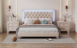 English Elm 3-Pieces Bedroom Sets,Queen Size Upholstered Platform Bed With Led Lights and Two Nightstands-Beige