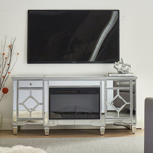 English Elm W 57 Inch Glossy Silver Electric Fireplace Tv Console with Mirrored Surround and Led Flame W1005S00006