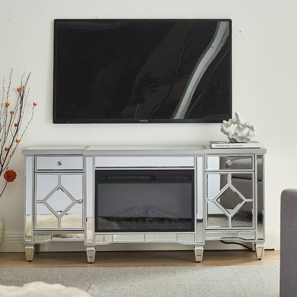 English Elm W 57 Inch Glossy Silver Electric Fireplace Tv Console with Mirrored Surround and Led Flame W1005S00006