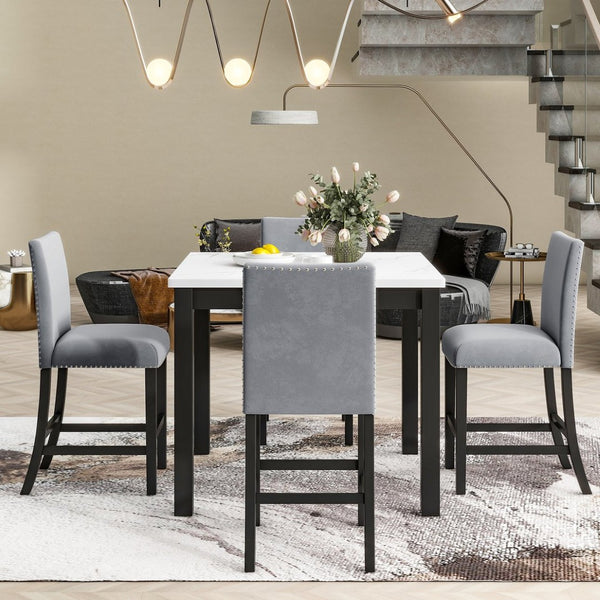 English Elm 5-piece Counter Height Dining Set Faux Marble Table Velvet Chairs Silver Nail Trim Grey W504S00266