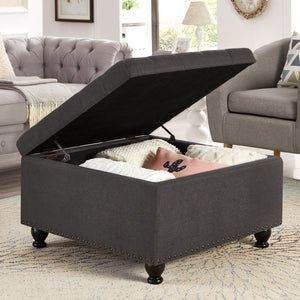 English Elm Large Tufted Faux Leather Storage Ottoman with Brass Nail Trim and Spindle Legs Dark Gray W2186142957