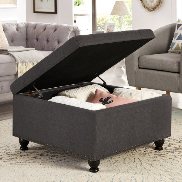 English Elm Large Tufted Faux Leather Storage Ottoman with Brass Nail Trim and Spindle Legs Dark Gray W2186142957
