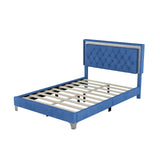 English Elm Full Size Upholstered Bed Frame With Led Lights,Modern Velvet Platform Bed With Tufted Headboard,Blue