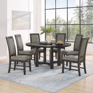 English Elm 7pcTransitional Vance 5pc Dining Set 54" Round Table with Lazy Susan and PU Upholstered Chairs, Brown Finish eleganza B011S01109